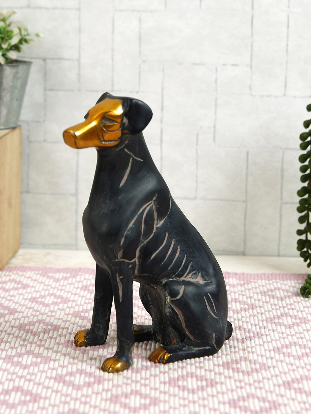 Imli Street Sitting Dog Black Brass Metallic Living Room Large Showpiece - 7.2 Inches