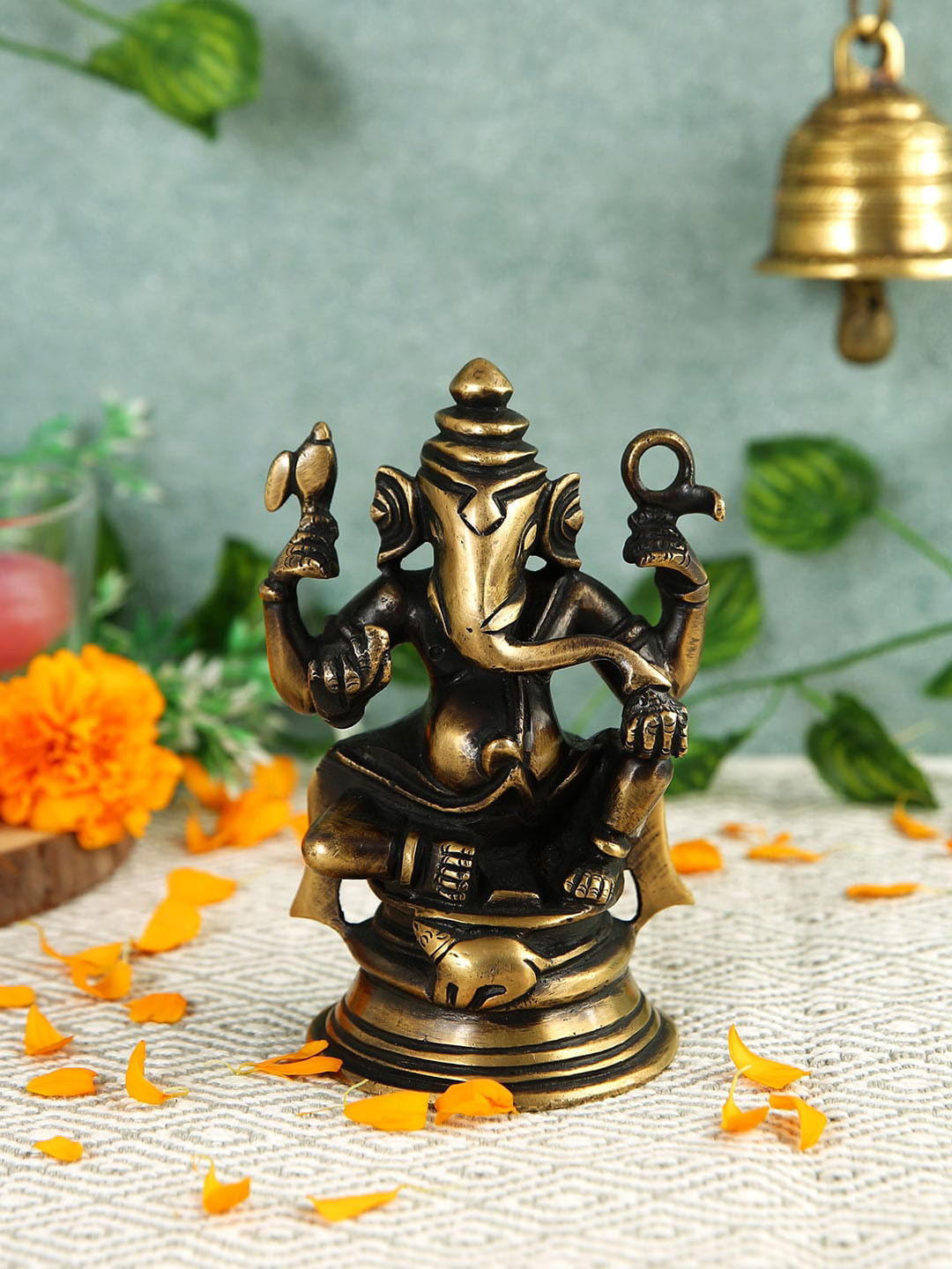 Imli Street Ganesh 4 Hands Gold Brass Metallic Prayer Room Medium Showpiece - 4.7 Inches
