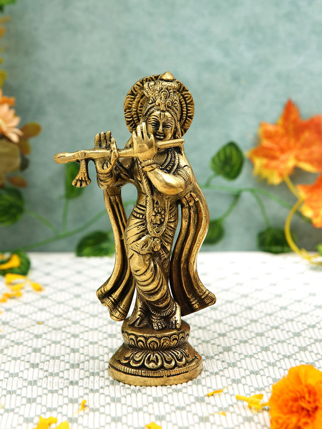 Imli Street Krishna Yellow Brass Metallic Prayer Room Medium Showpiece - 6.7 Inches
