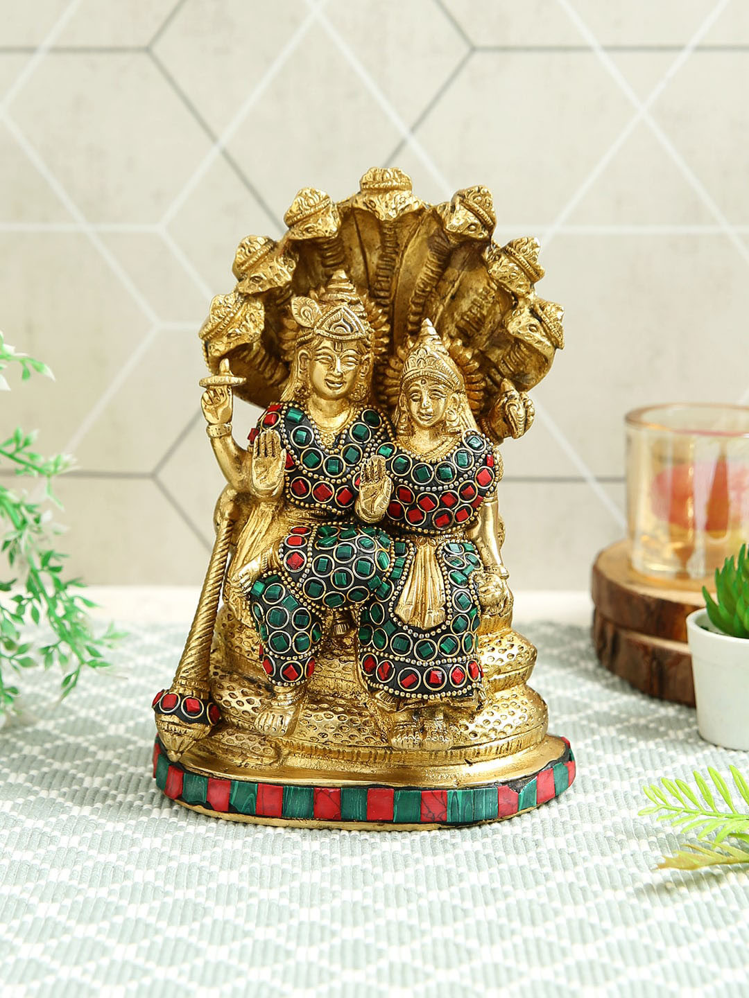 Imli Street Vishnu Lakshmi Rest Upon Shesha Naag Gold Brass Metallic Prayer Room Small Showpiece - 7.7 Inches