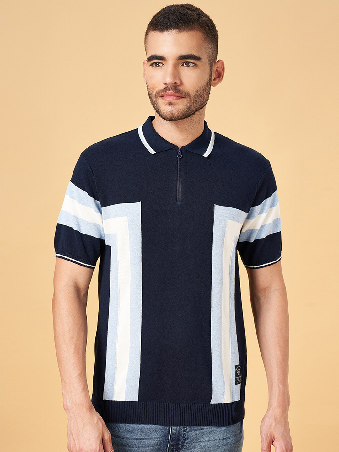 People Geometric Printed Polo Collar Slim Fit Pure Cotton T-shirt