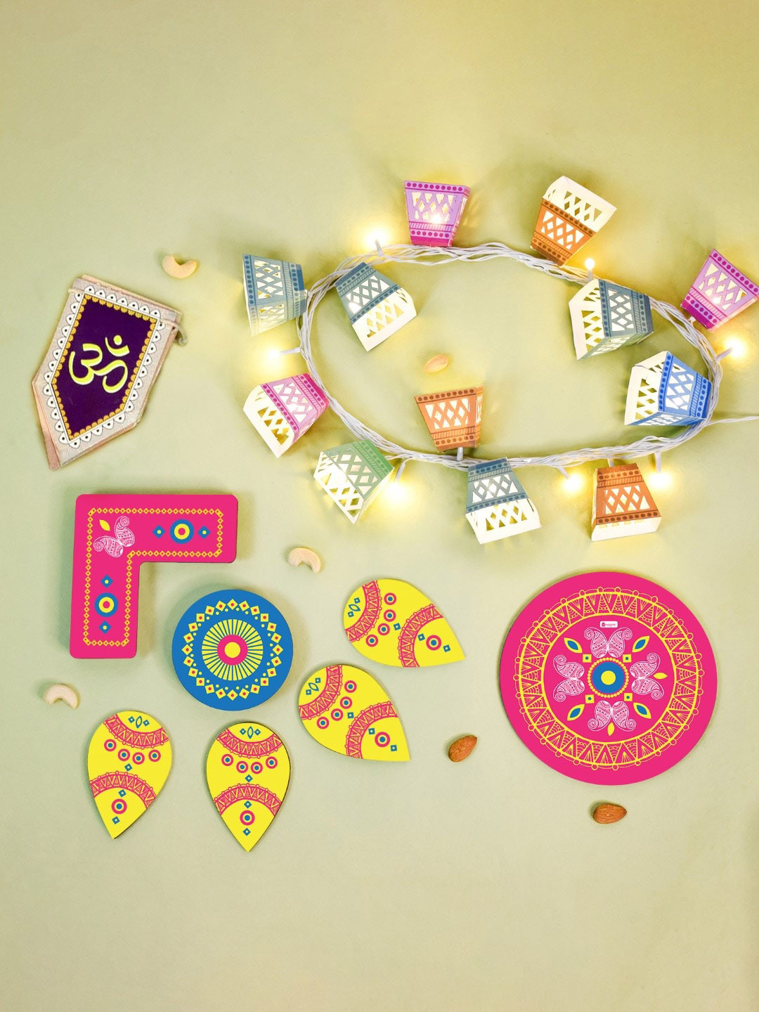 Indigifts Pink & Yellow 3 Pcs DIY Wall Hanging String Lights With Ready Rangoli & Toran