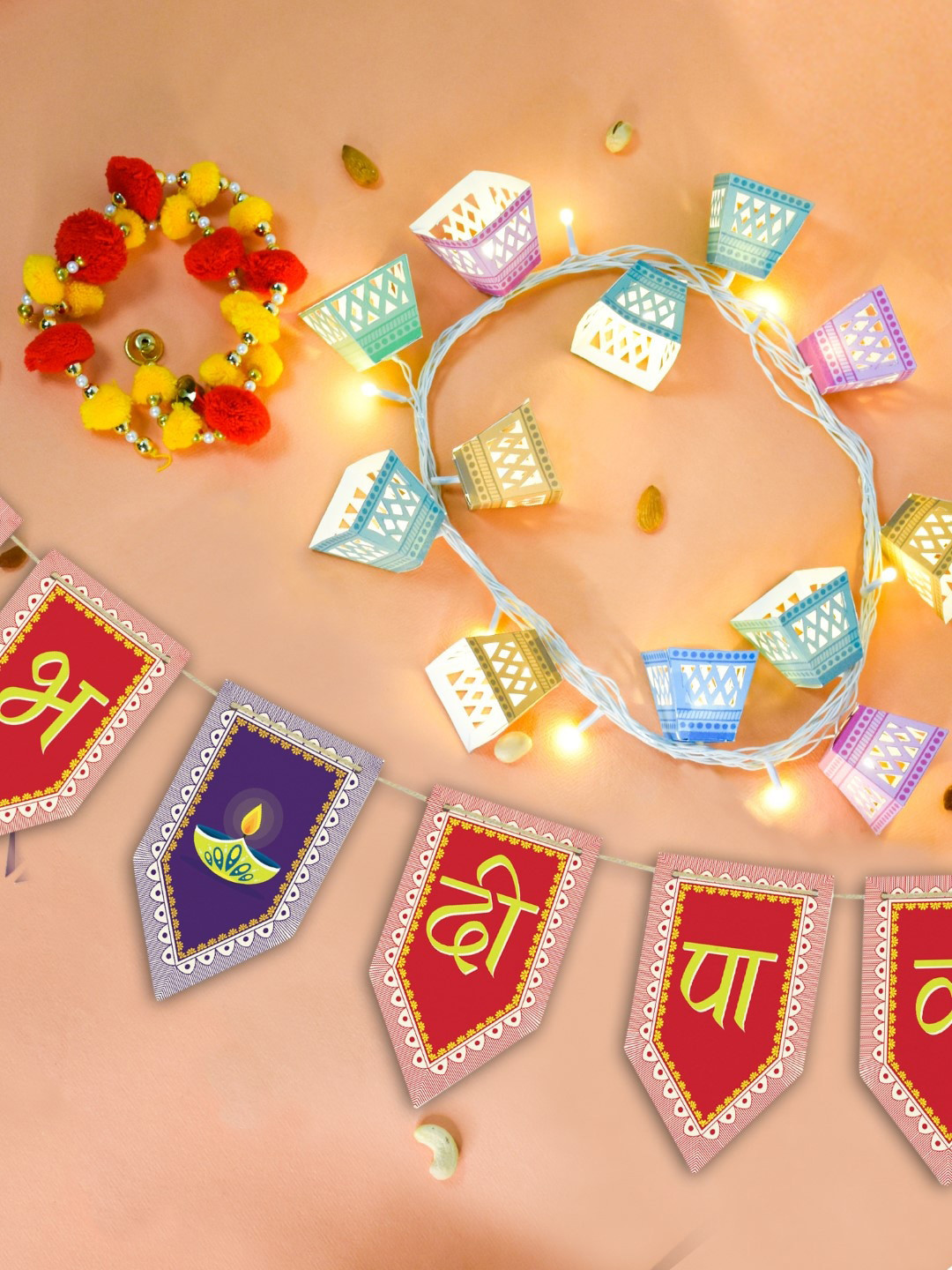 Indigifts Pink & Green 4 Pieces DIY Wall Hanging String Lights With Toran Gift Set