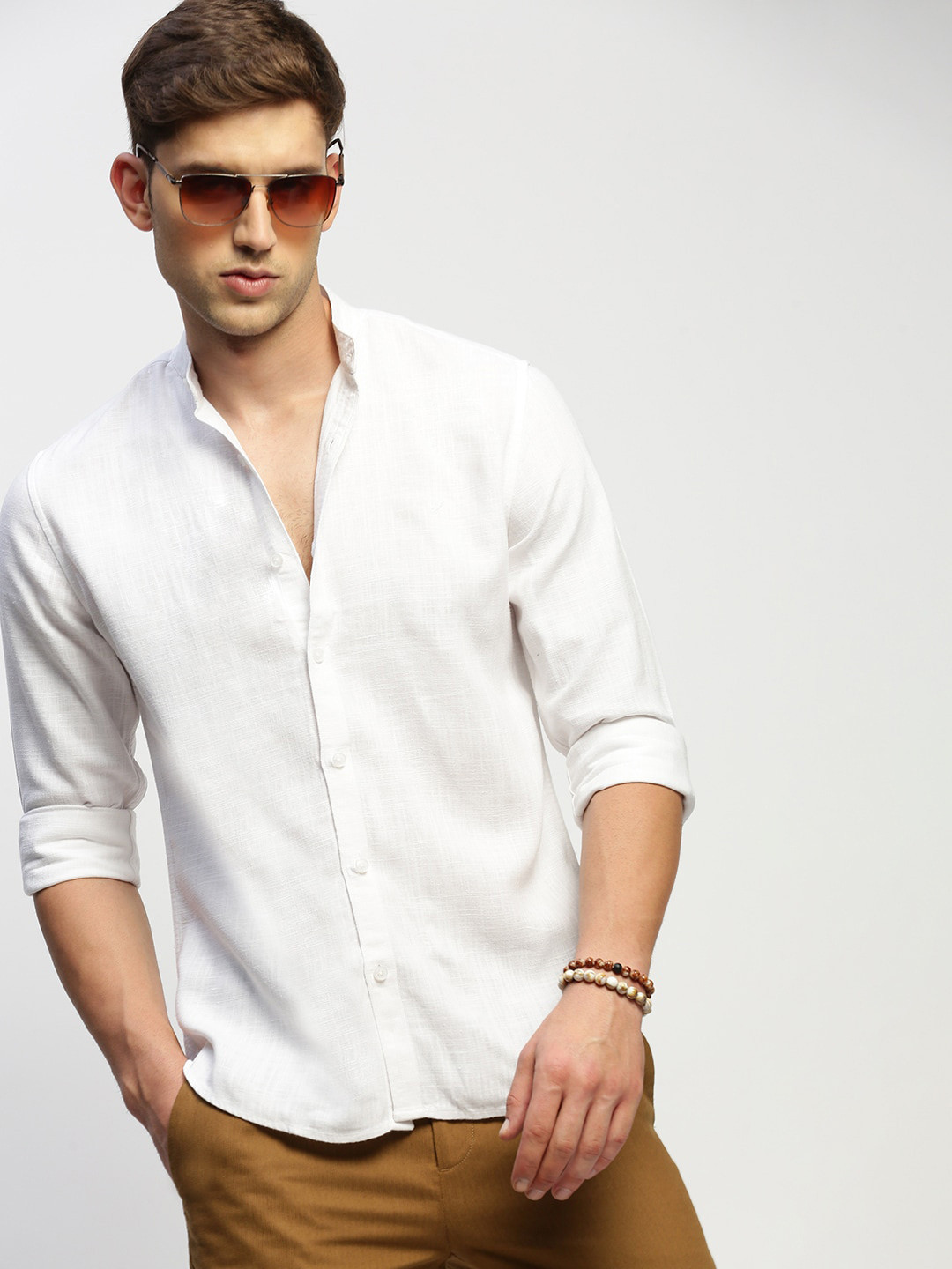 SHOWOFFFF Comfort Slim Fit Band Collar Cotton Casual Shirt