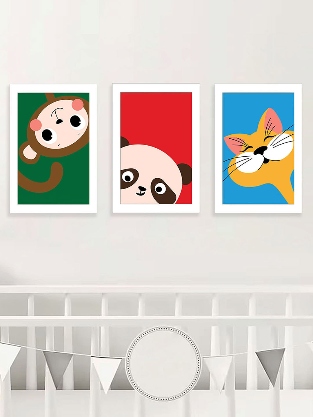 Art Street Kids White & Green 3 Pieces Cartoon Panda Animals Wall Arts