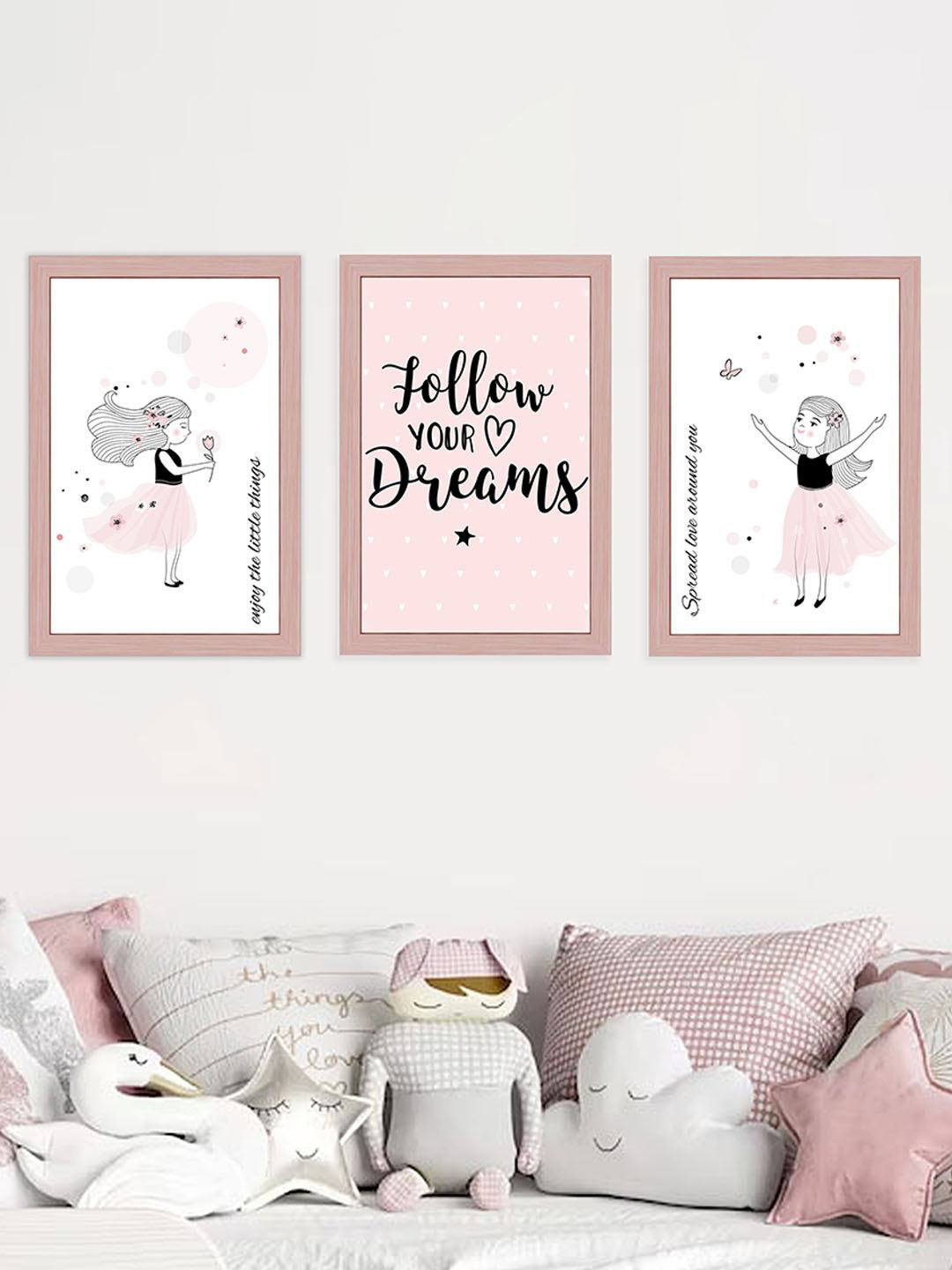 Art Street Kids Pink & White 3 Pieces Princess Follow My Dream Colorful Nursery Wall Art