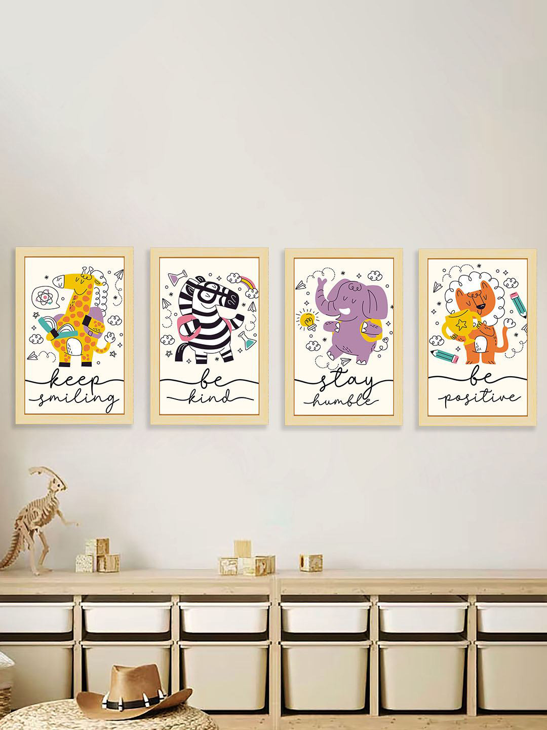 Art Street Kids Beige & Black 4 Pieces Big Tunnel Printed UV Coating Painting Wall Art