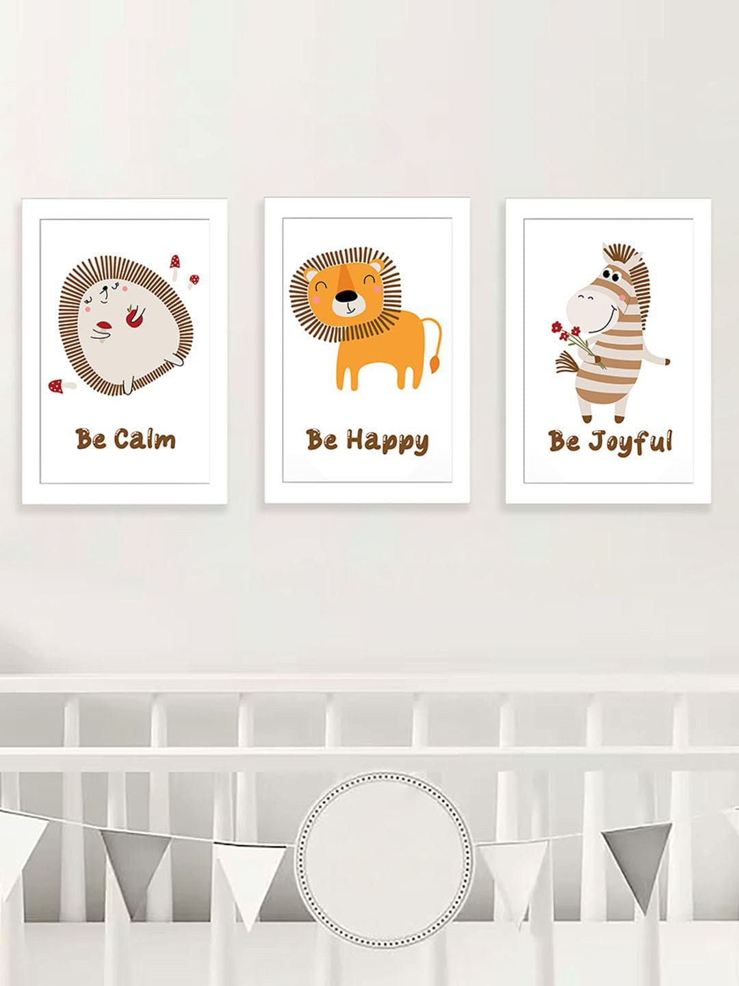 Art Street Kids White & Brown 3 Pieces Happy Animals Paintings Wall Art
