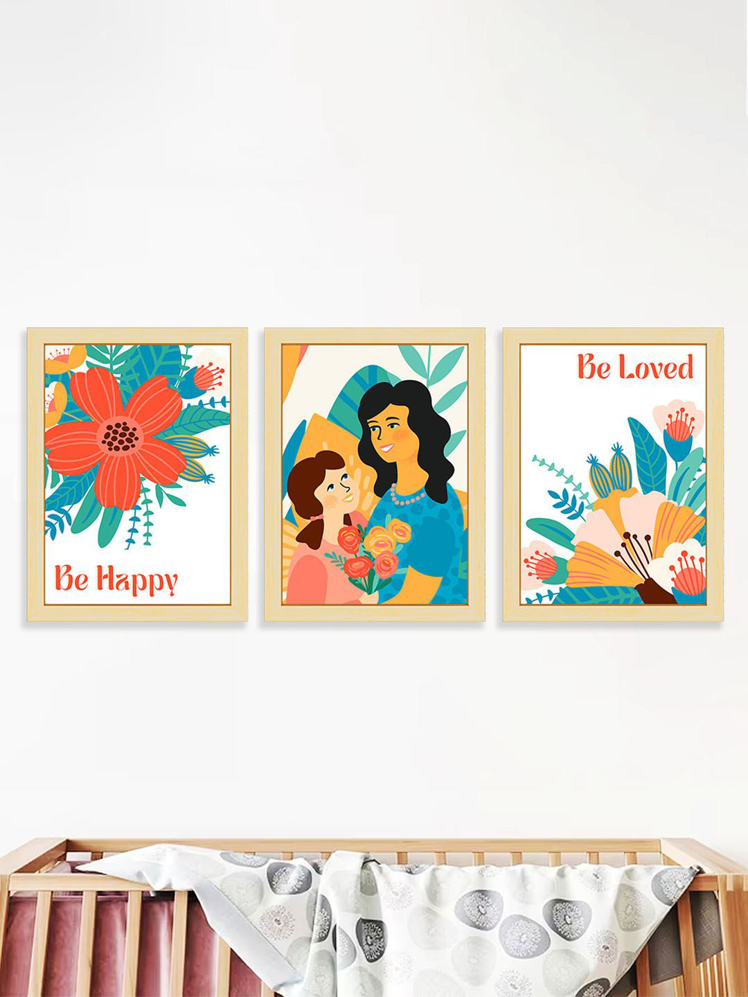 Art Street Beige & Blue 3 Pieces Be Happy Be Loved Mom & Kid Printed Wall Arts