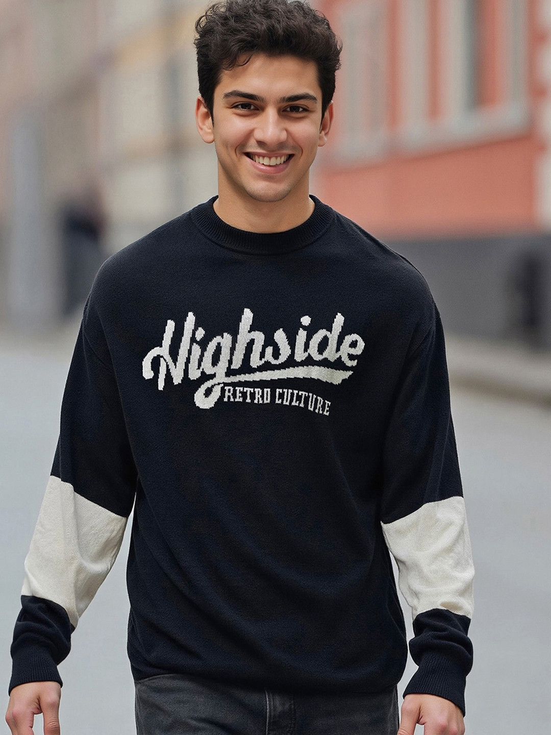 Bewakoof Men High Side Graphic Printed Flatknit Sweater