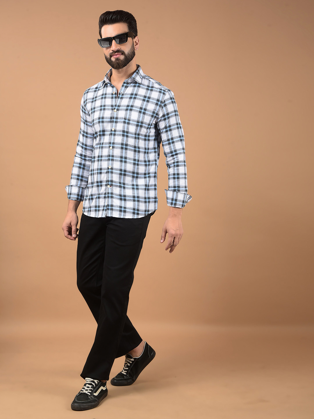 Crimsoune Club Tartan Checks Mandarin Collar Pure Cotton Casual Shirt
