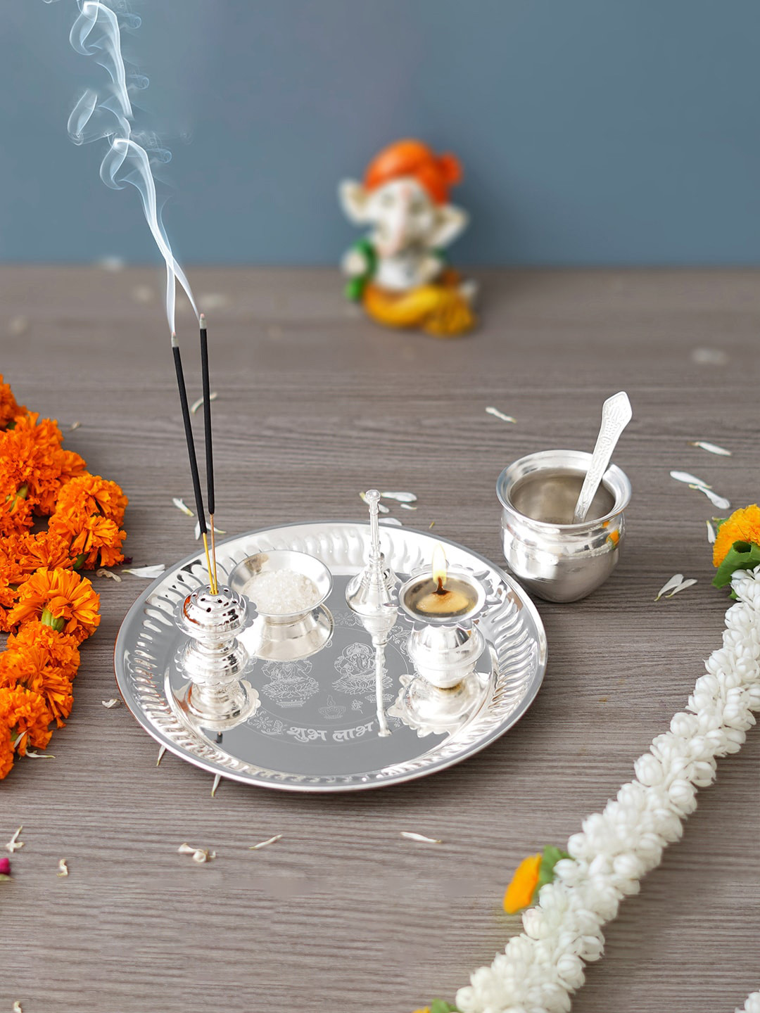 eCraftIndia 6 Pcs Silver-Toned Metal Pooja Thali Set