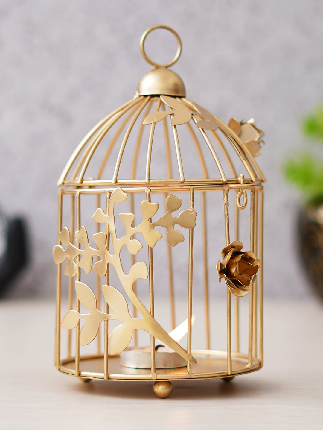 eCraftIndia Beige Bird Cage With Floral Vine Decorative Hanging Tea Light Candle Holder