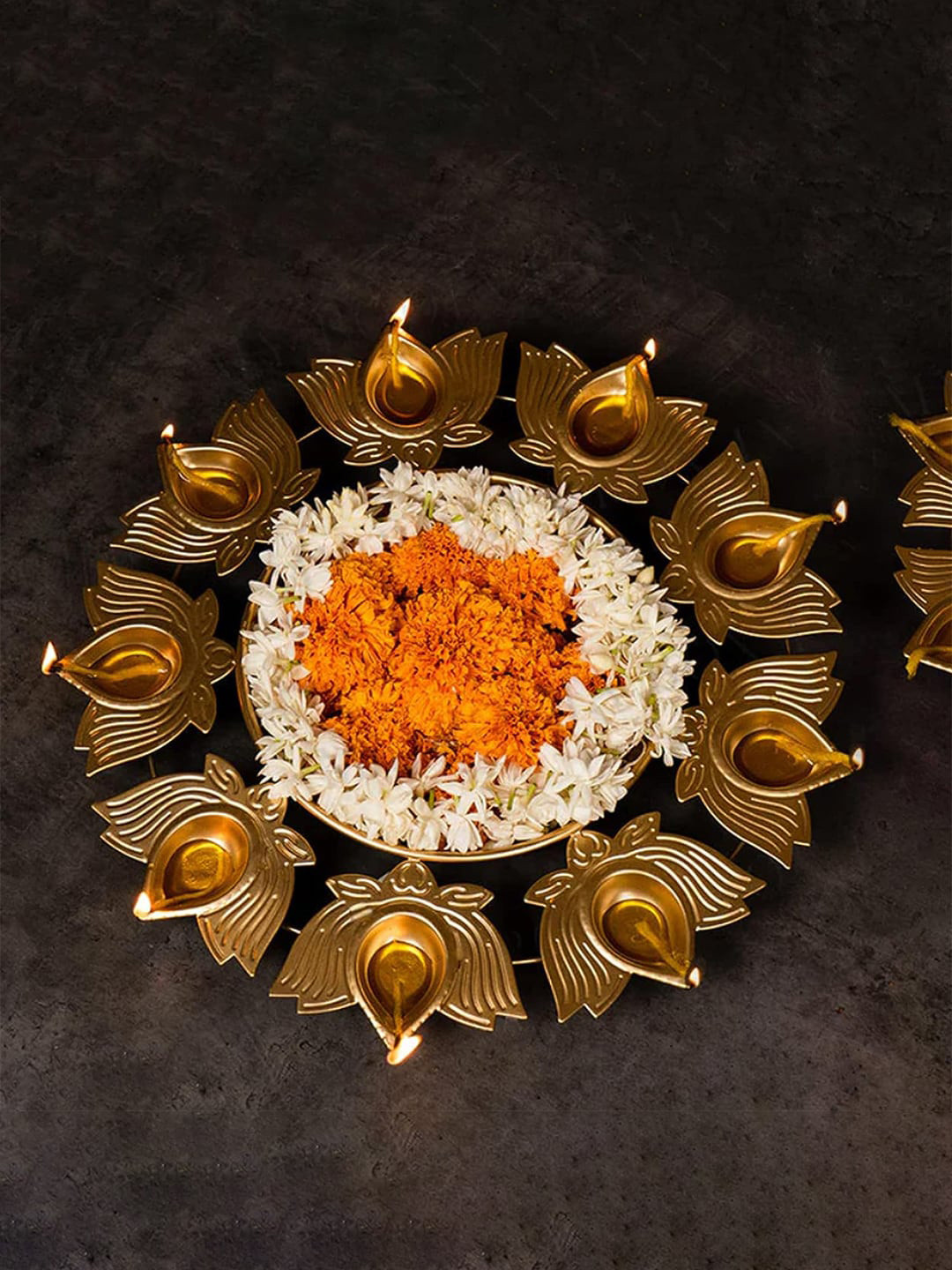 eCraftIndia Brown Traditional Designer Urli with 9 Lotus Shape Diyas