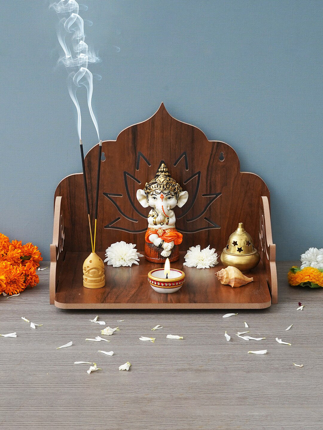 eCraftIndia Brown Lotus Designer Wooden Pooja Temple