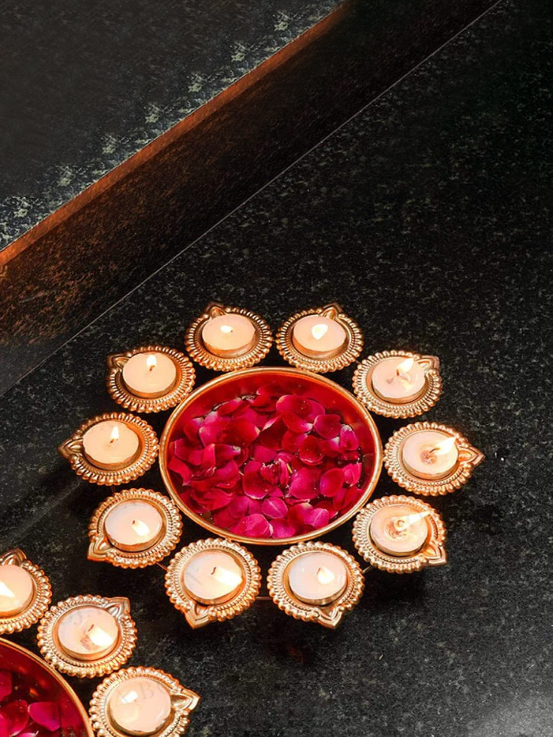 eCraftIndia Gold-Toned Handcrafted Designer Urli with 10 Tea Light Candle Holders