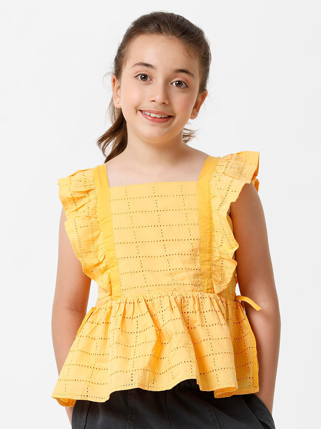 KATE & OSCAR Girls Self Design Square Neck Flutter Sleeves Schiffli Cotton Peplum Top