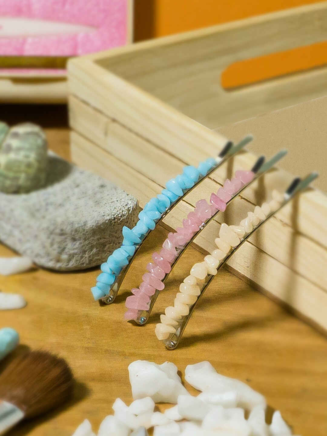 Hair Drama Co. Women Set of 3 - Pebble Crystal Bobby Hair Pins - Yellow, Blue & Pink