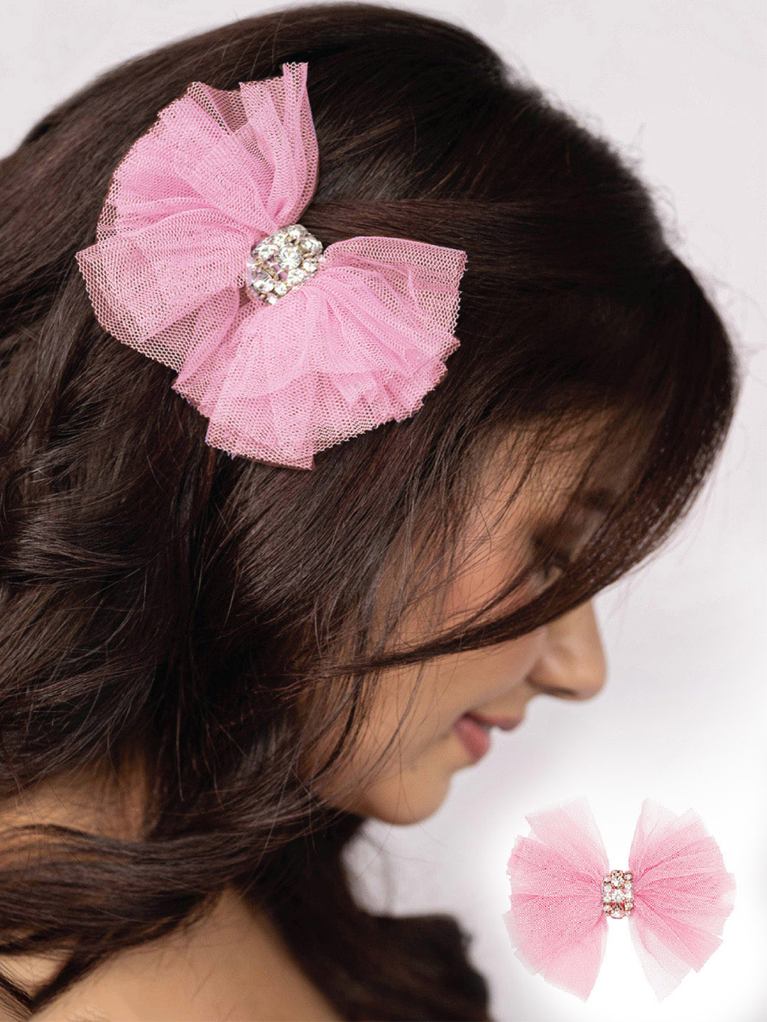 Hair Drama Co. Women Set of 2 Embellished Rhinestone Crystals Pink Hair Bow Clip