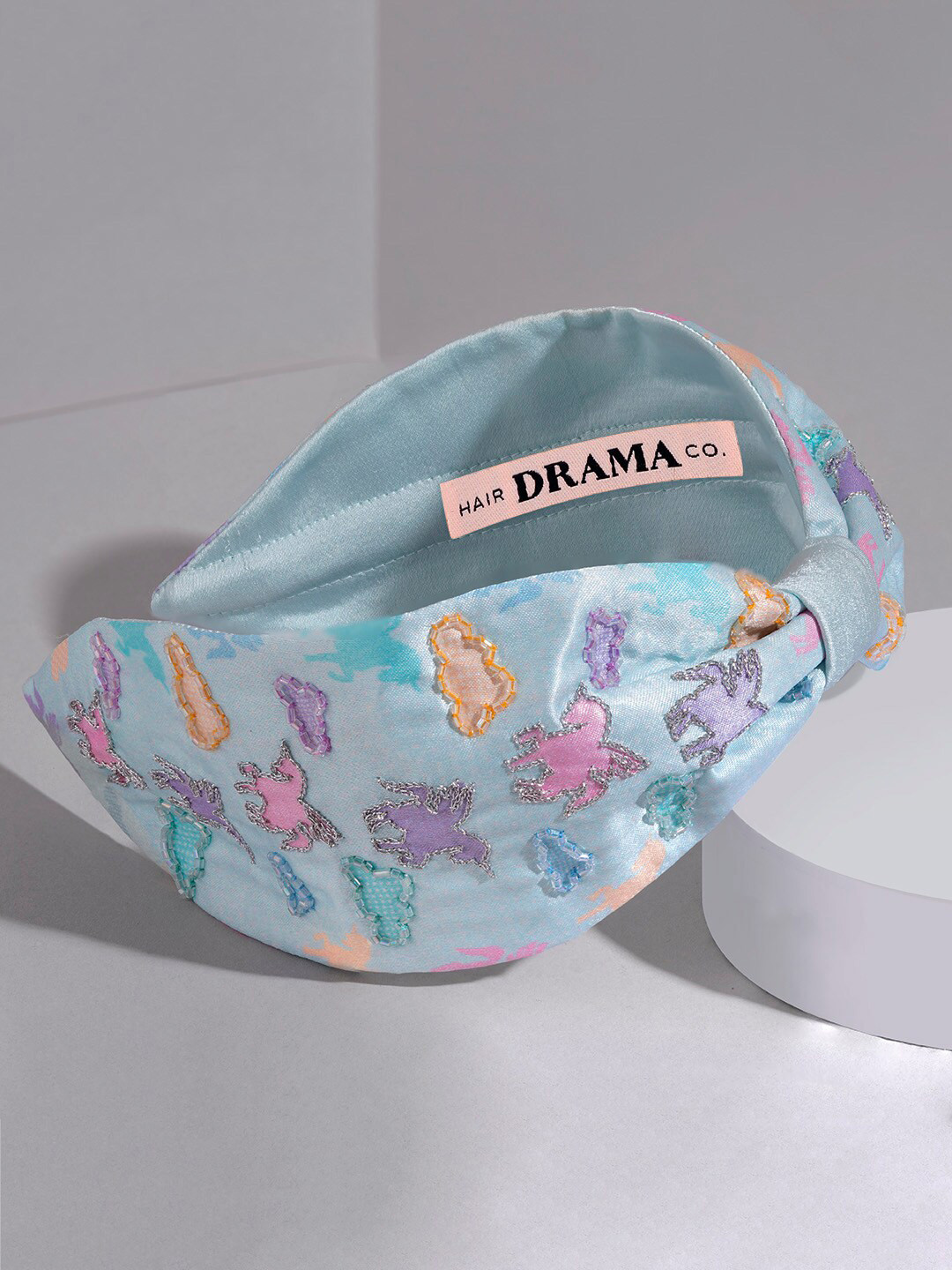 HAIR DRAMA CO. Women Blue Glass Beads Unicorn Embroidered Knotted Satin Headband