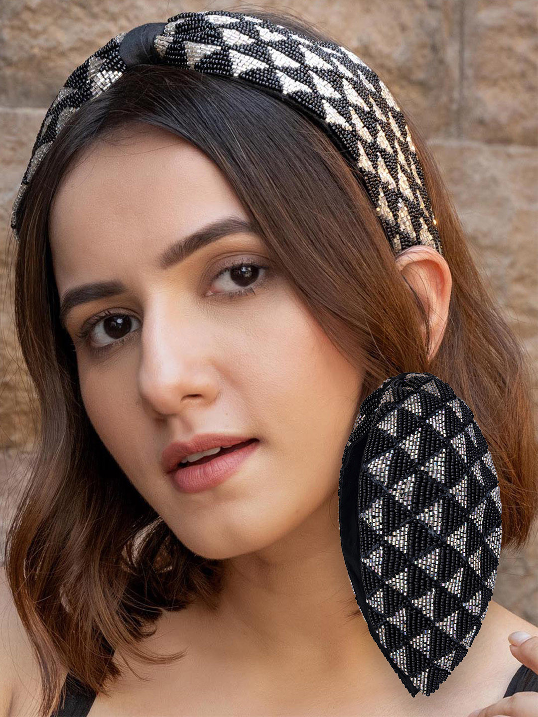 HAIR DRAMA CO. Women Black & White Crystal Embellished Knotted Hair Band