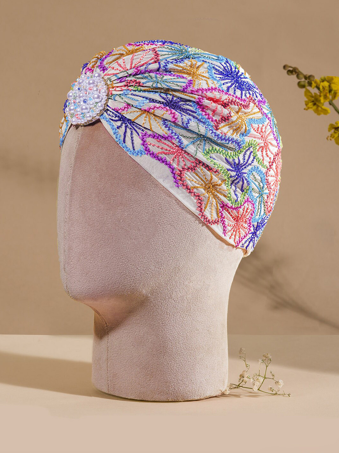 Hair Drama Co. Women Multicolor Embroidered Turban Hair Accessory with Embellished Pearls