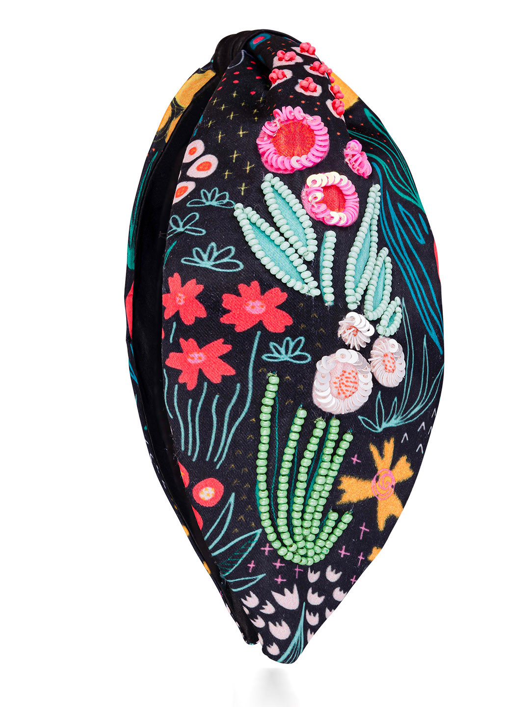HAIR DRAMA CO. Women Sequinned Beaded Embroidered Tropical Knotted Satin Hair Band