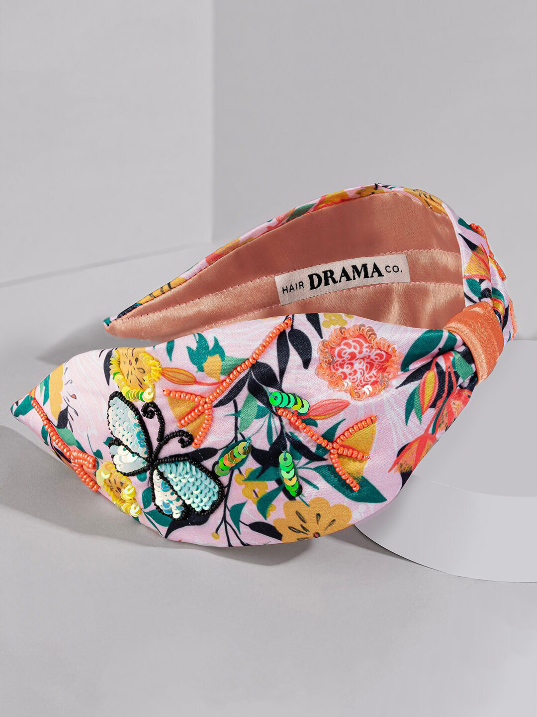 HAIR DRAMA CO. Women Sequinned Beaded Embroidered Bahamas Knotted Satin Hair Band