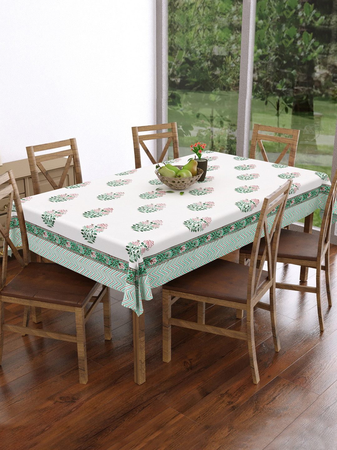 BLOCKS OF INDIA White & Green Block Print Pure Cotton Rectangular 6 Seater Table Cover