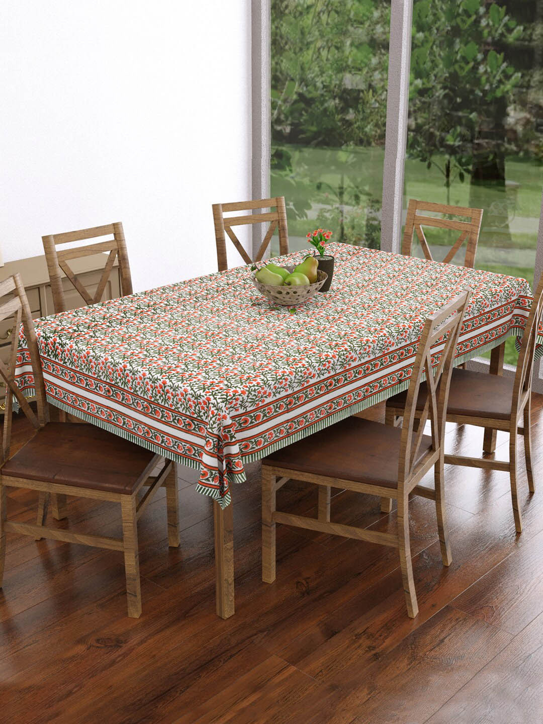 BLOCKS OF INDIA Red & Green Block Print Pure Cotton Rectangular 6 Seater Table Cover