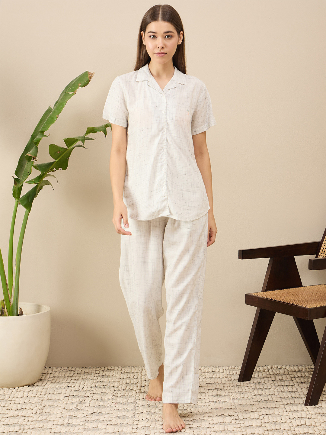 July Geometric Printed Lapel Collar Shirt With Pyjamas