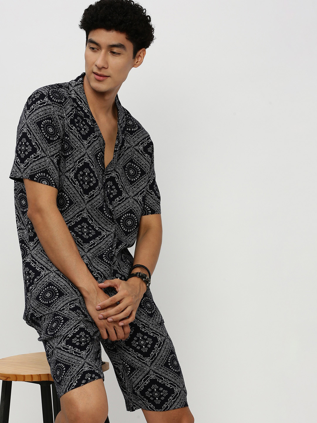 SHOWOFF Ethnic Motifs Printed Cuban Collar Shirt & Shorts
