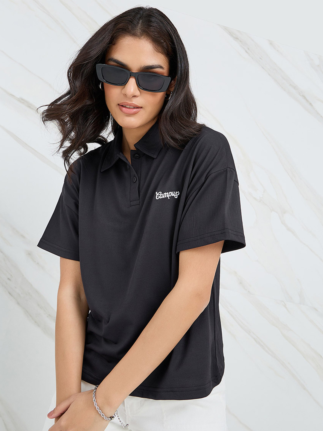 Styli Black Polo Collar Drop-Shoulder Sleeves Boxy T-shirt