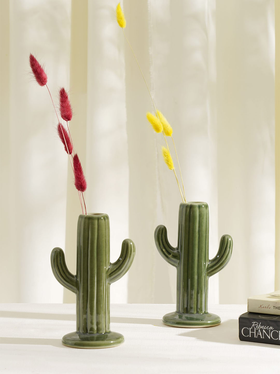 PUREZENTO Green 2-Pieces Designed Ceramic Flower Vase