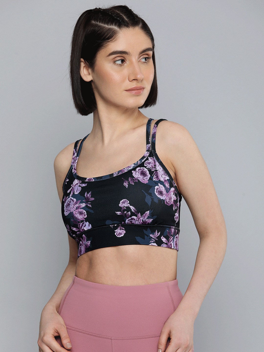 Skechers Floral Printed Full Coverage Lightly Padded Workout Bra BR3-BLVP-BLACK/LAVENDER