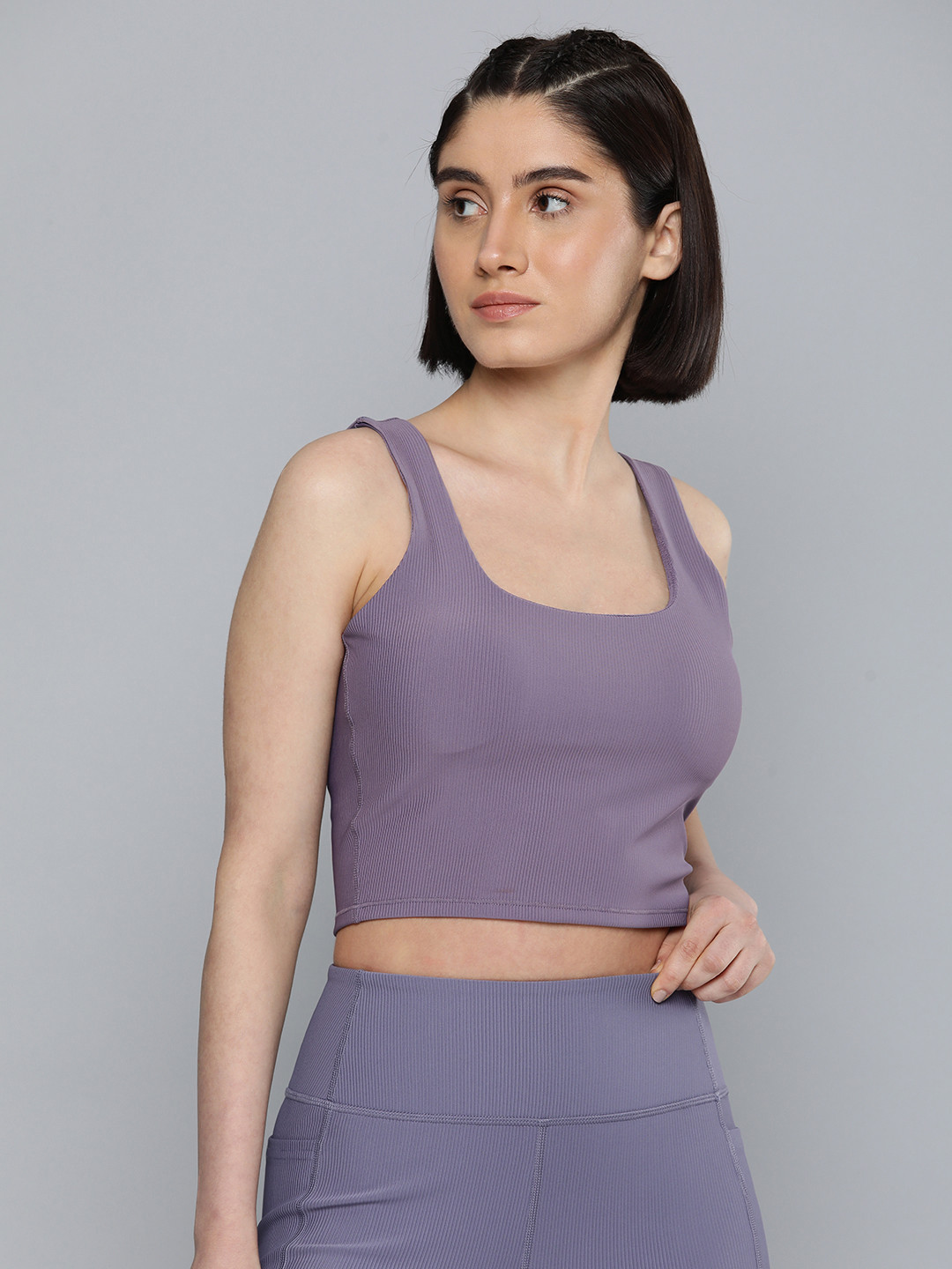 Skechers GOFLEX RIB  Full Coverage Lightly Padded UPF 40+ Workout Bra BR1-GYPR-GRAY/PURPLE