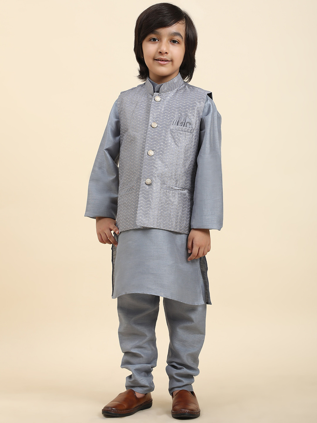 Pro-Ethic STYLE DEVELOPER Boys Pure Silk Straight Kurta & Churidar With Nehru Jacket