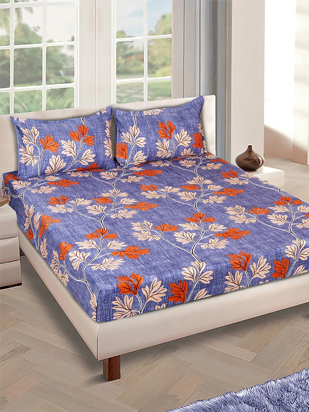 ROMEE Blue Floral Microfiber 144 TC Queen Bedsheet with 2 Pillow Covers-90 x 100 inches