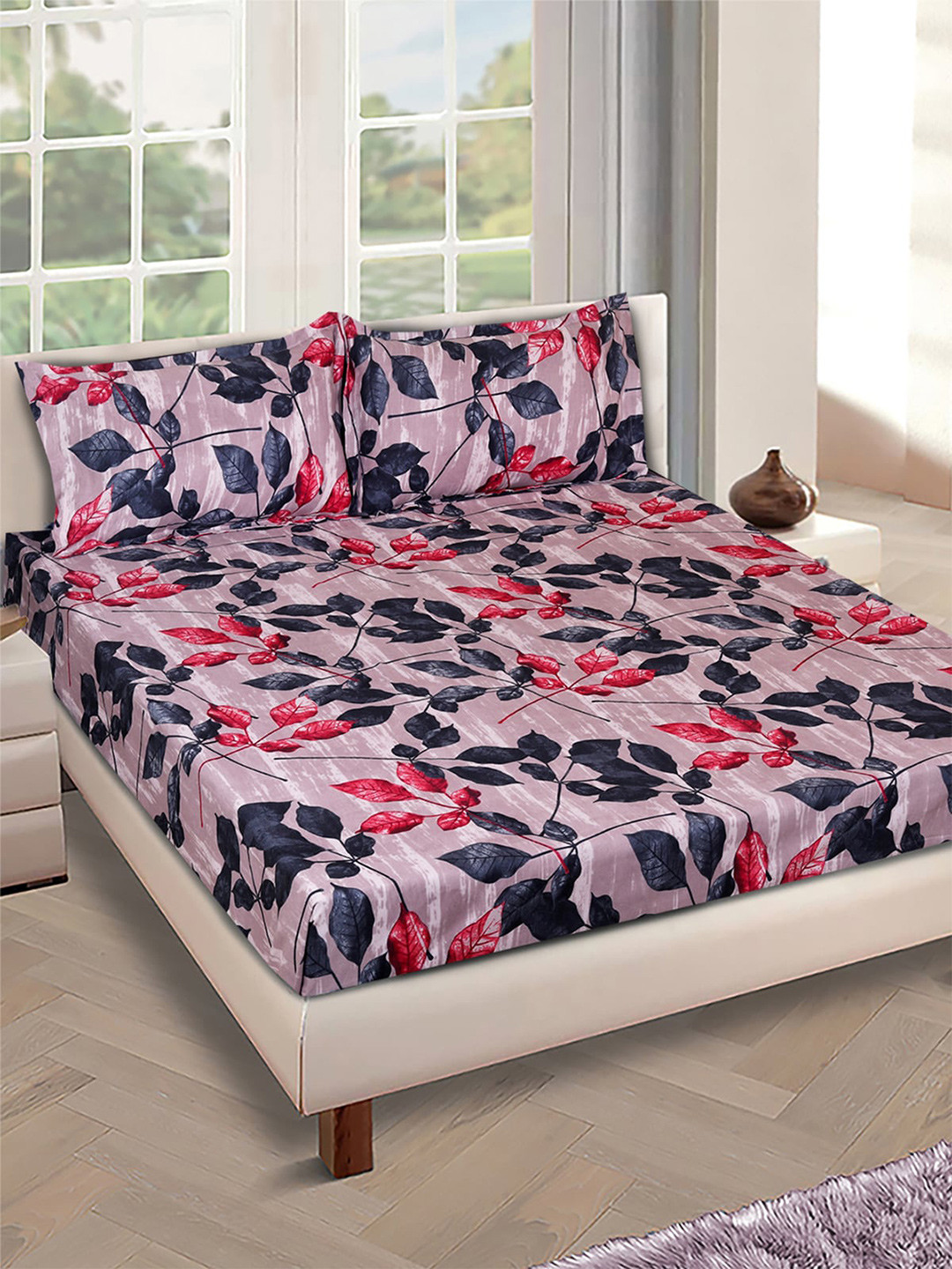 ROMEE Purple Leaf Microfiber 144 TC Queen Bedsheet with 2 Pillow Covers-90 x 100 inches