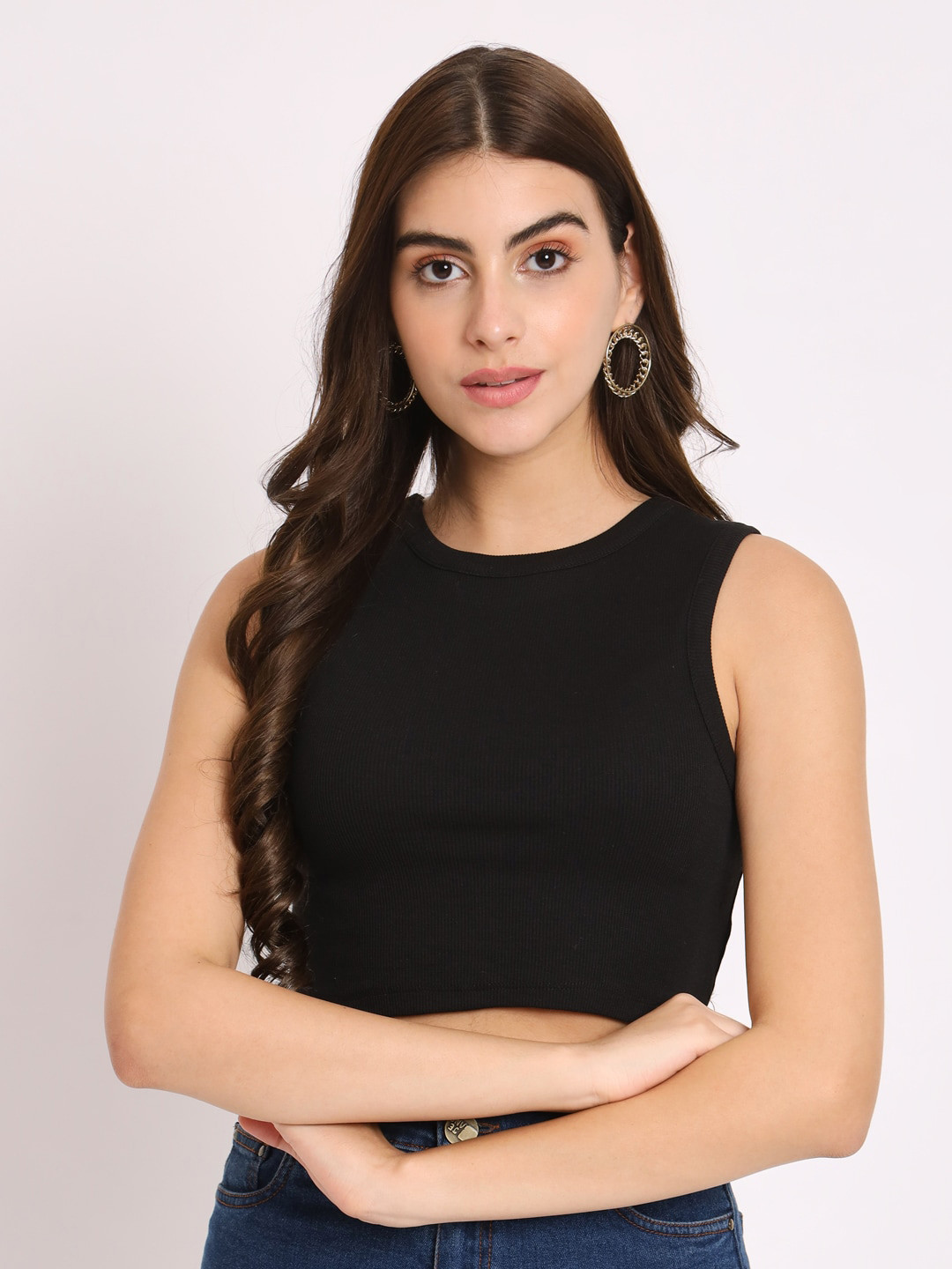 CHARMGAL Round Neck Sleeveless Modal Liva Fitted Crop Top