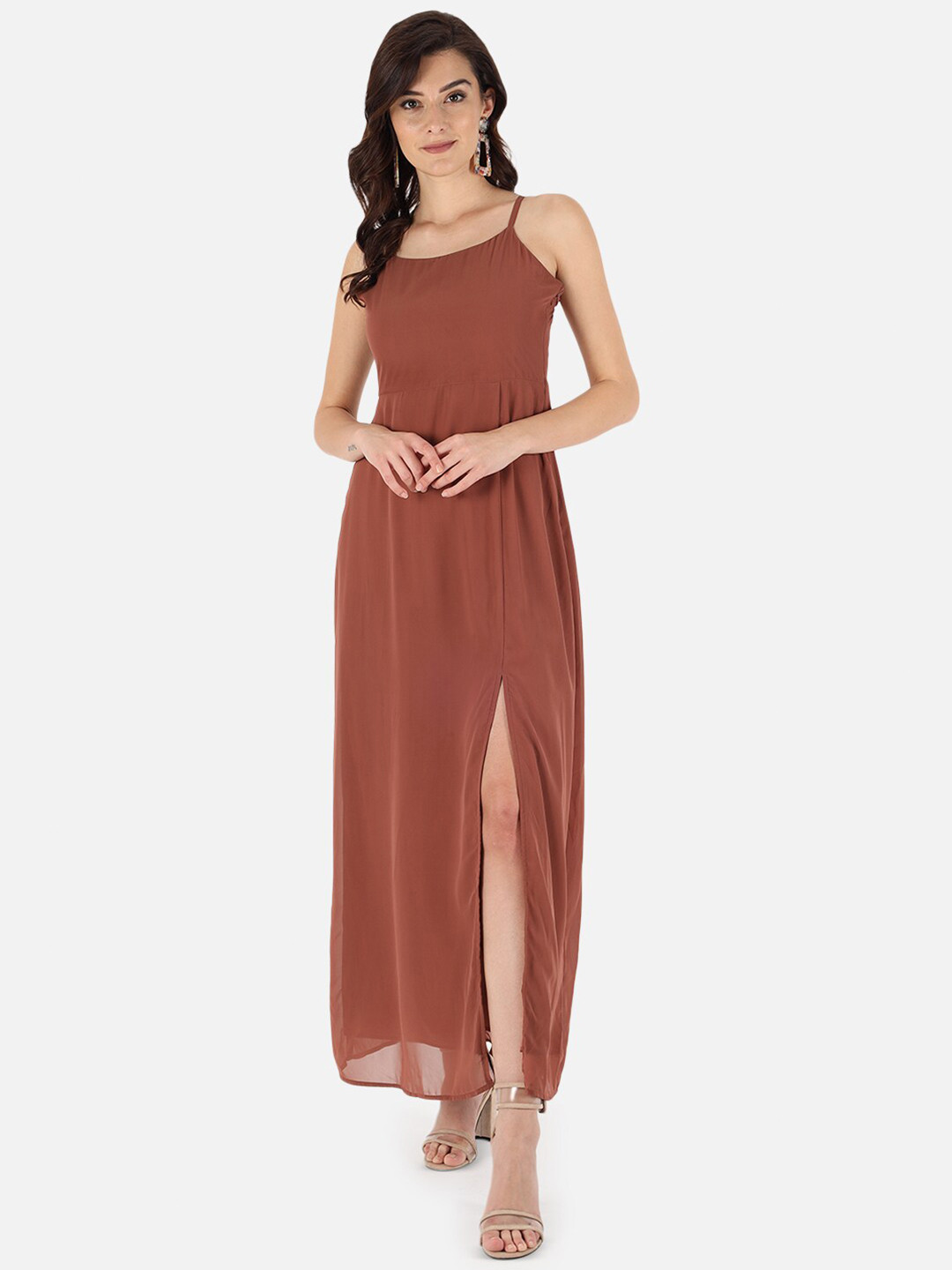 Trend Arrest Shoulder Straps Front Slit Georgette Maxi Dress