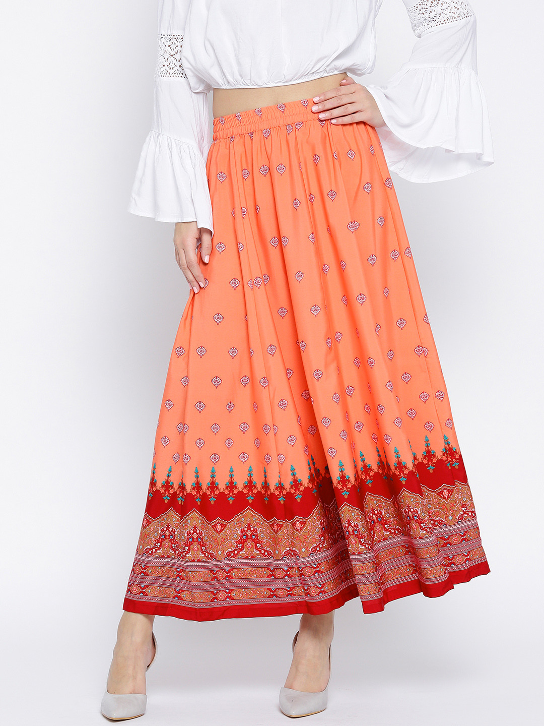 AURELIA Coral Orange Printed Maxi Flared Skirt