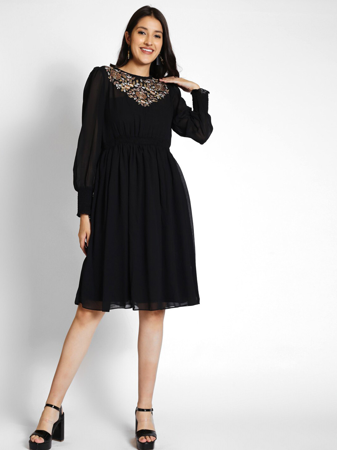 250 DESIGNS Puff Sleeves Embroidered Fit & Flare Dress
