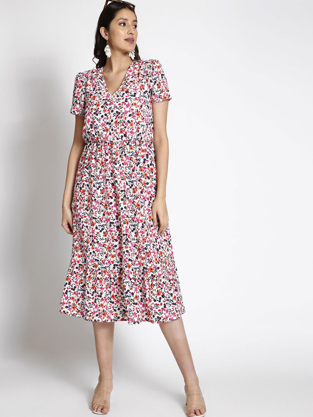 250 DESIGNS Floral Printed V-Neck Georgette Midi Dress