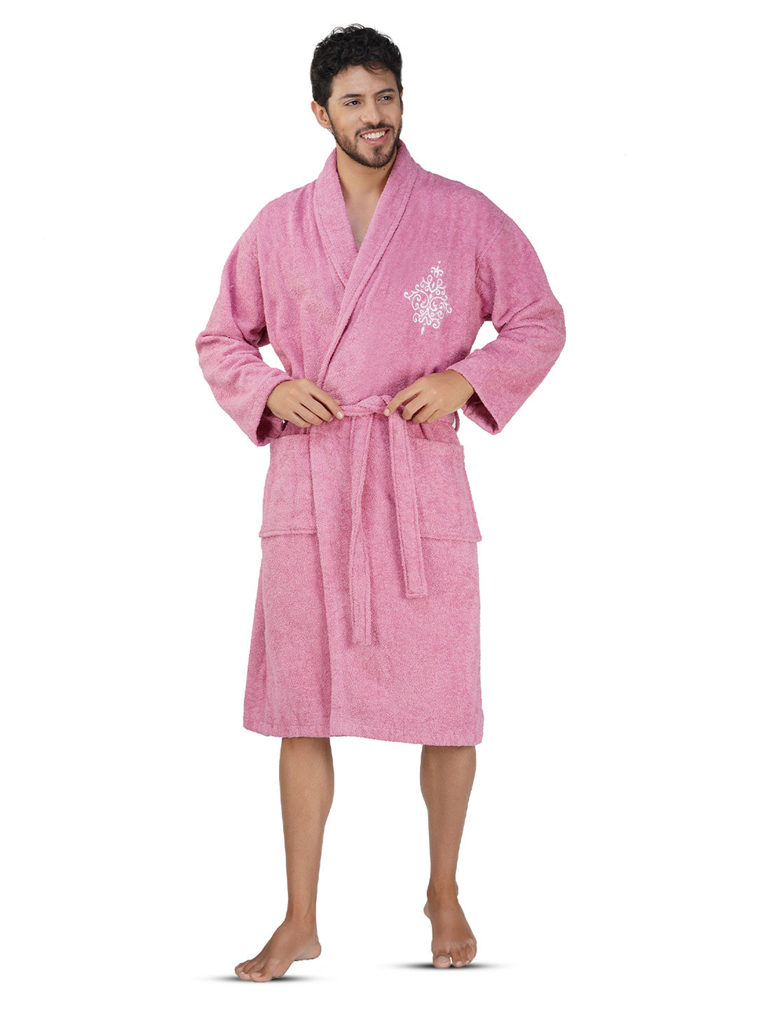 RANGOLI Royal Pink Organic Bamboo Drawstring Knee Length Bath Robe with Pair Slipper-XL