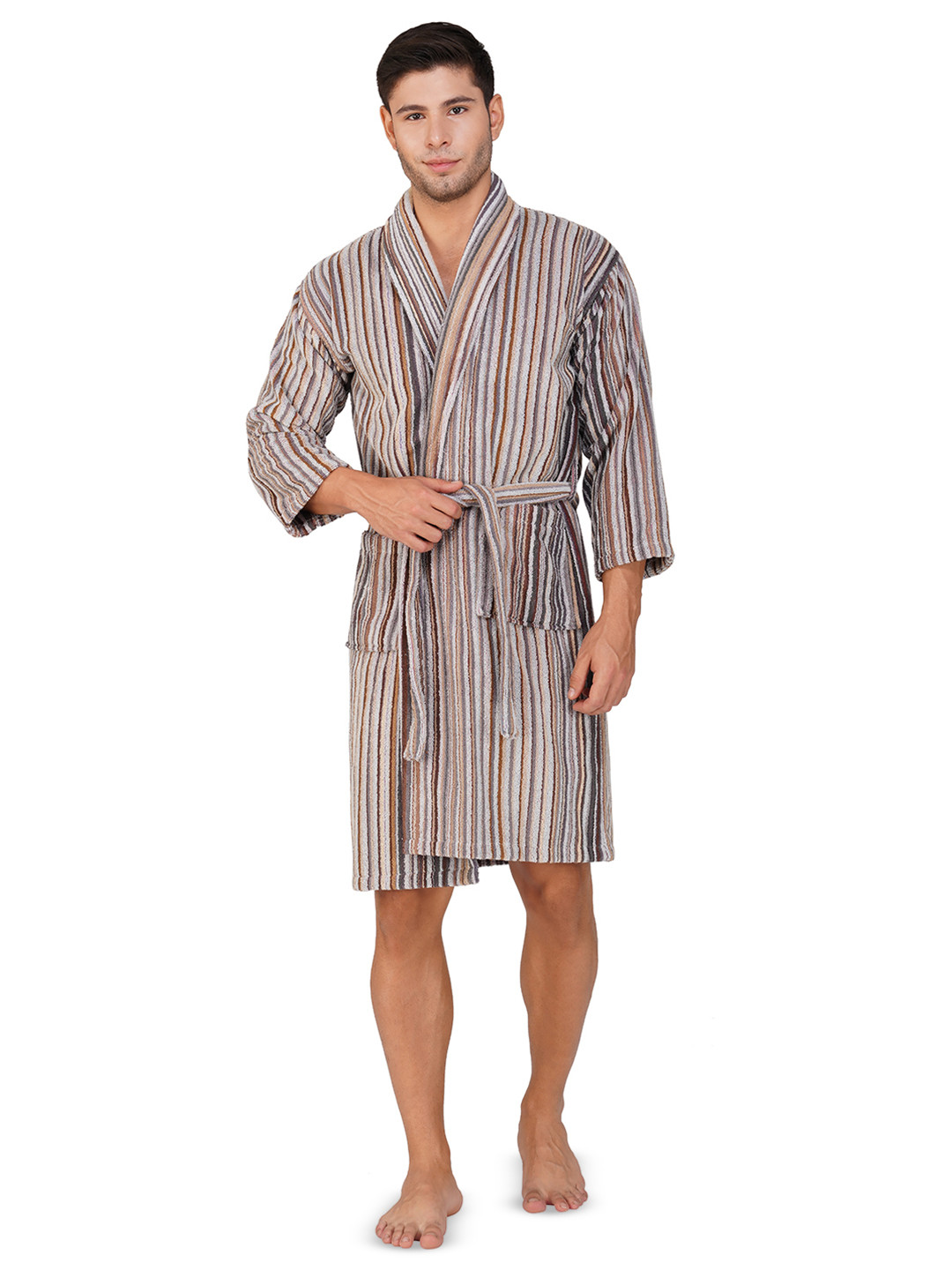 RANGOLI Pinstripe Maroon Striped Cotton Drawstring Knee Length Bath Robe-L