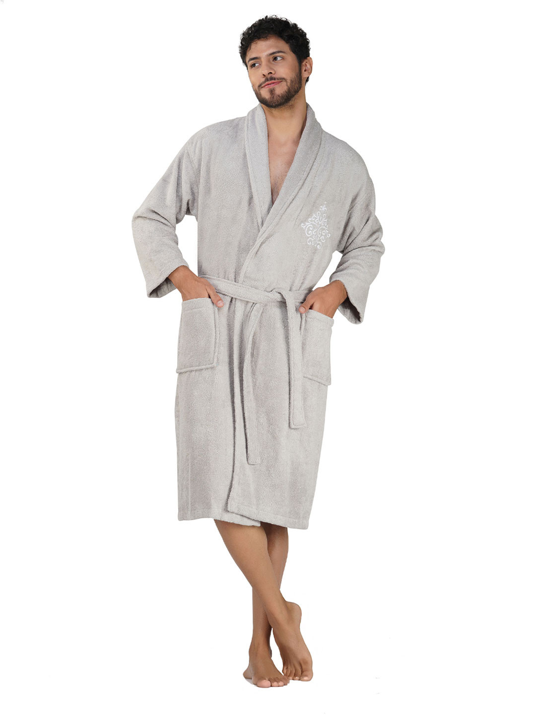 RANGOLI Royal Grey Organic Bamboo Drawstring Knee Length Bath Robe with Pair Slipper-XL