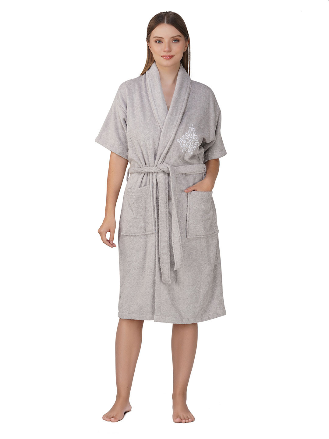 RANGOLI Royal Grey Organic Bamboo Drawstring Knee Length Bath Robe with Pair Slipper-L