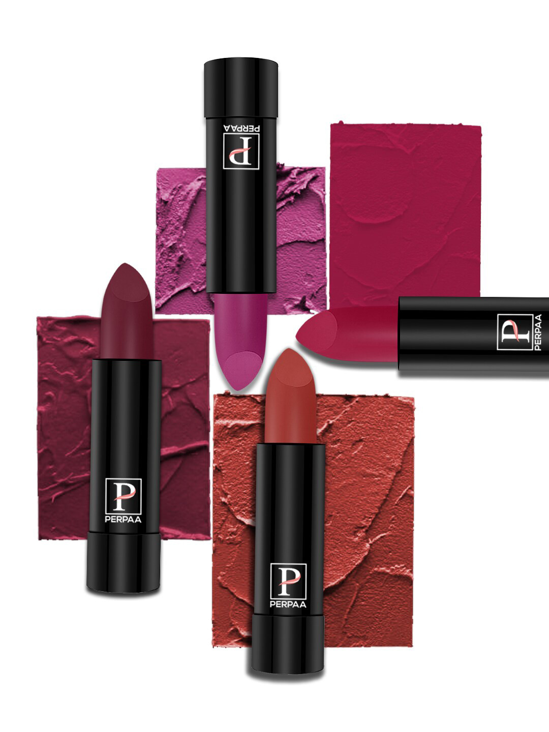 PERPAA Set Of 4 Creamy Matte Lipstick - Cherry Top ,Red Castle ,Rose Garden ,RoseBerry