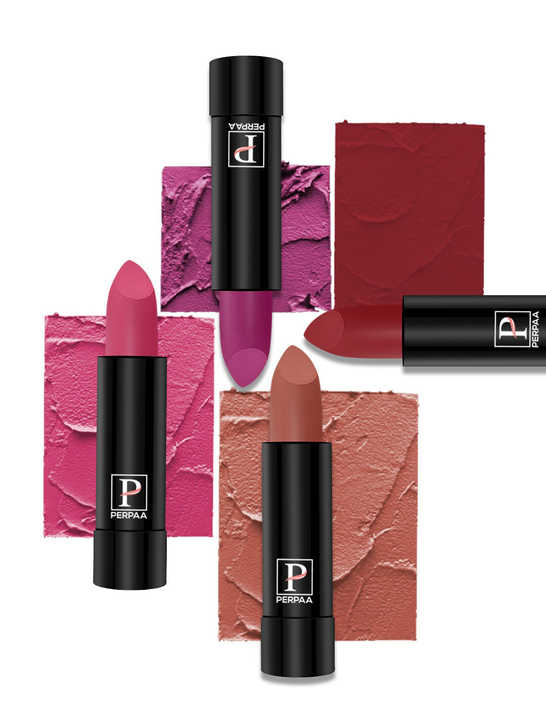 PERPAA Set Of 4 Creamy Matte Lipstick - Rose Garden-Pink-Adorable Nude-Crisp Red